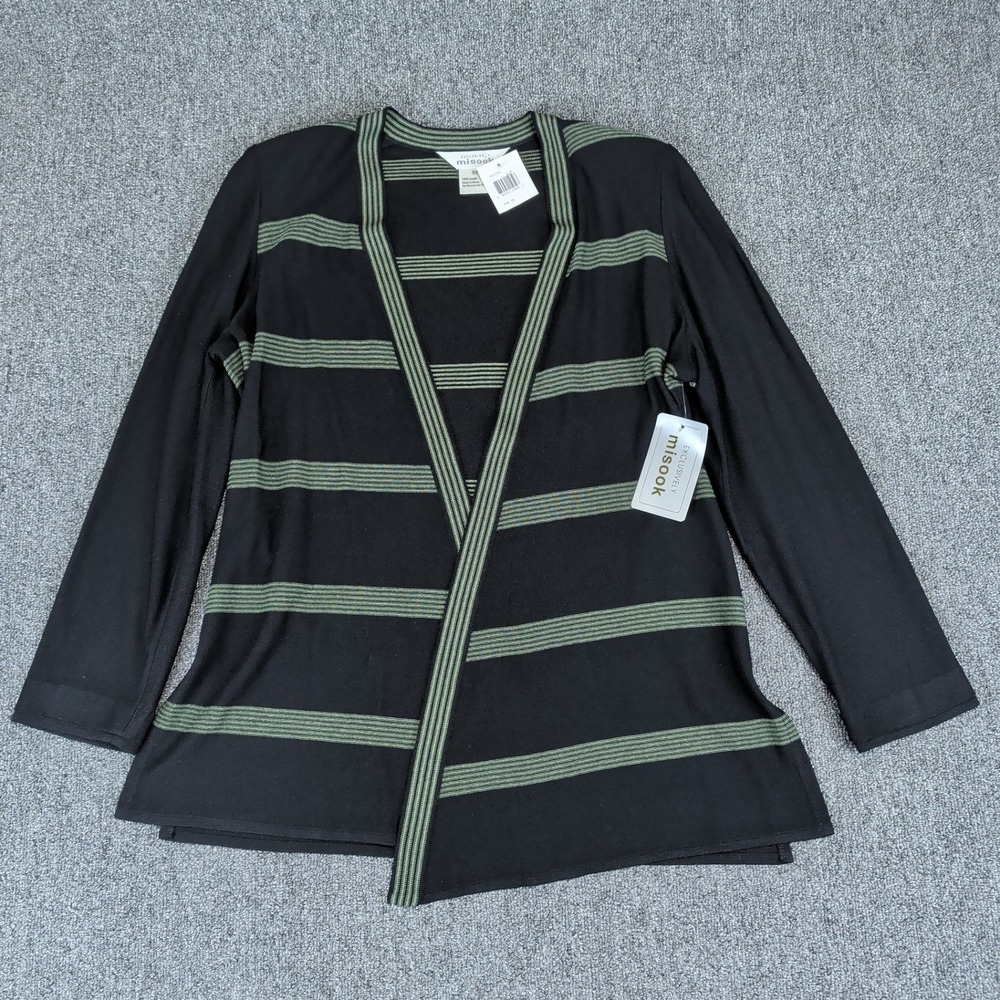 Misook Classic Striped Open Front Cardigan Women XS Black Green Quiet Luxury NWT